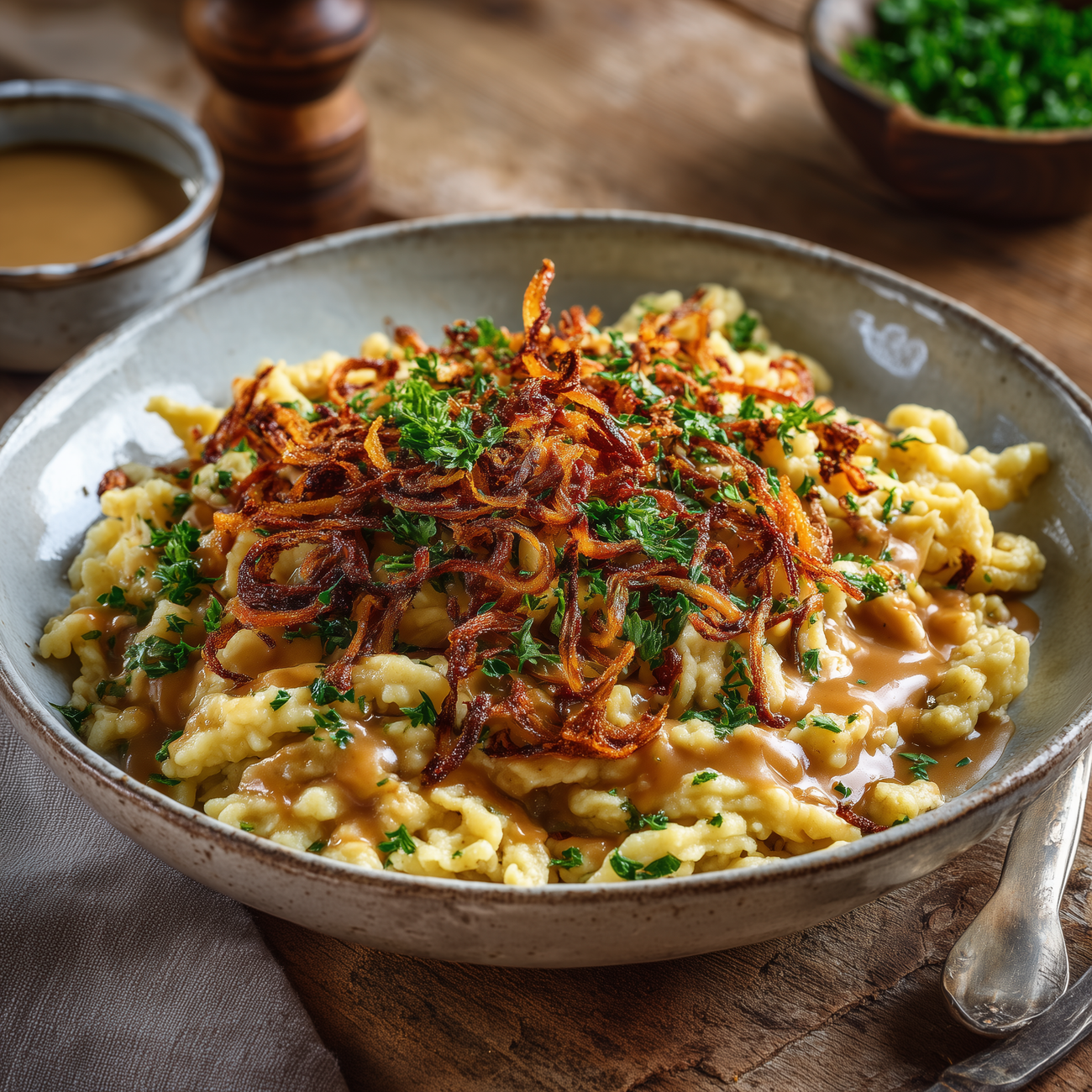 Schüssel mit Spätzle, brauner Soße, Röstzwiebeln und Petersilie auf Holztisch, servierfertig angerichtet