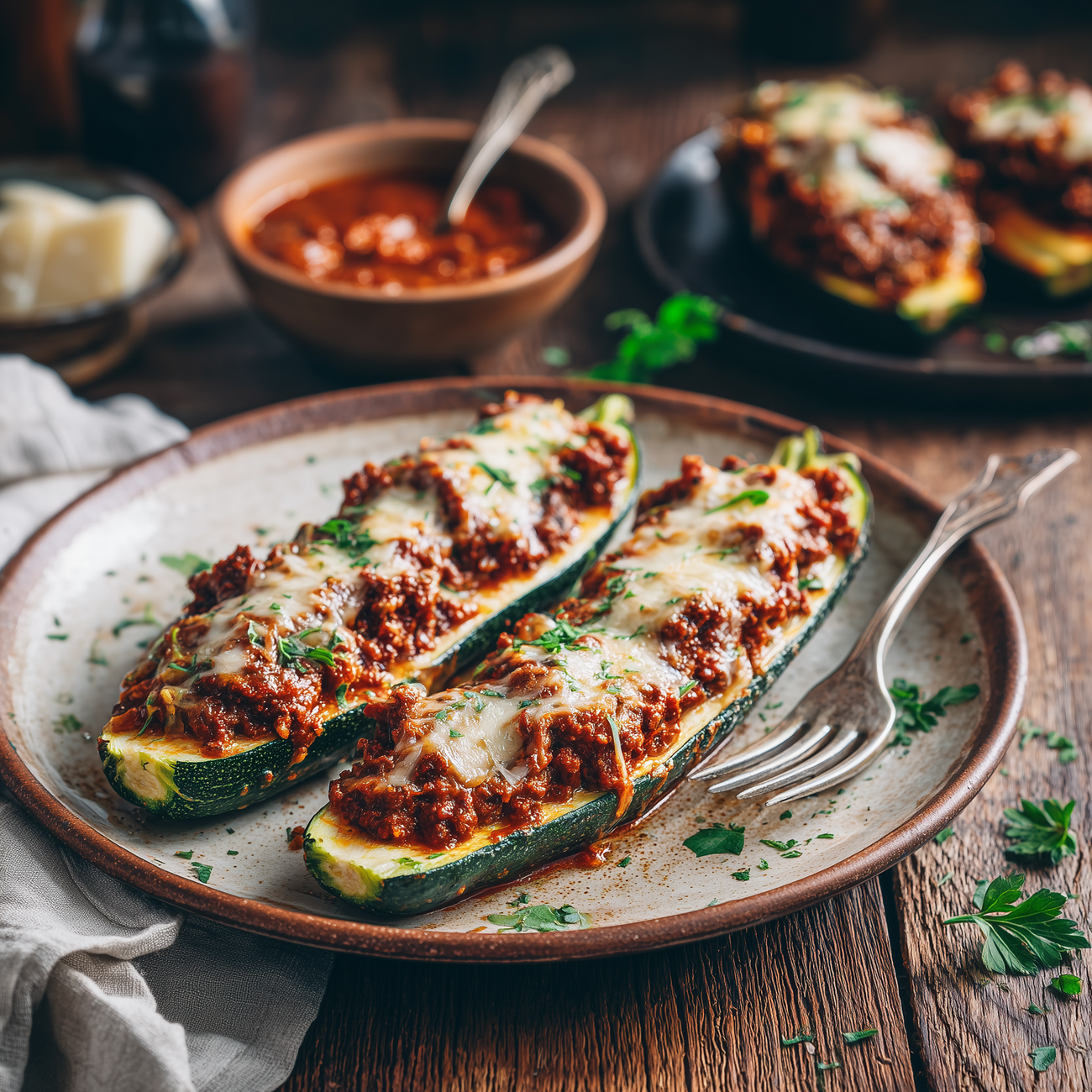 Gefüllte Zucchini mit Hackfleisch und geschmolzenem Käse auf einem Teller, serviert mit Tomatensauce im Hintergrund