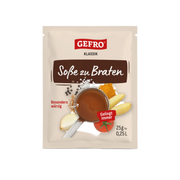 Beutel GEFRO Klassik Soße zu Braten, 25 g, mit Abbildung von brauner Soße sowie Zwiebel, Kartoffeln und Tomate