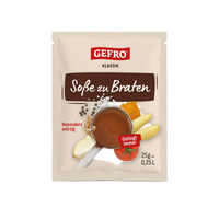 Beutel GEFRO Klassik Soße zu Braten, 25 g, mit Abbildung von brauner Soße sowie Zwiebel, Kartoffeln und Tomate