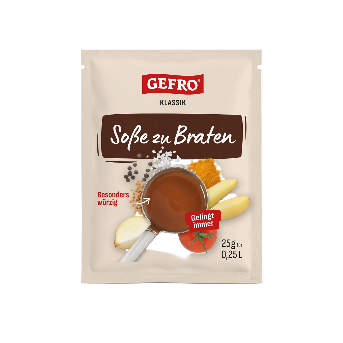 Beutel GEFRO Klassik Soße zu Braten, 25 g, mit Abbildung von brauner Soße sowie Zwiebel, Kartoffeln und Tomate