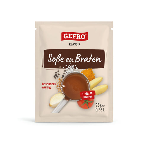 Beutel GEFRO Klassik Soße zu Braten, 25 g, mit Abbildung von brauner Soße sowie Zwiebel, Kartoffeln und Tomate