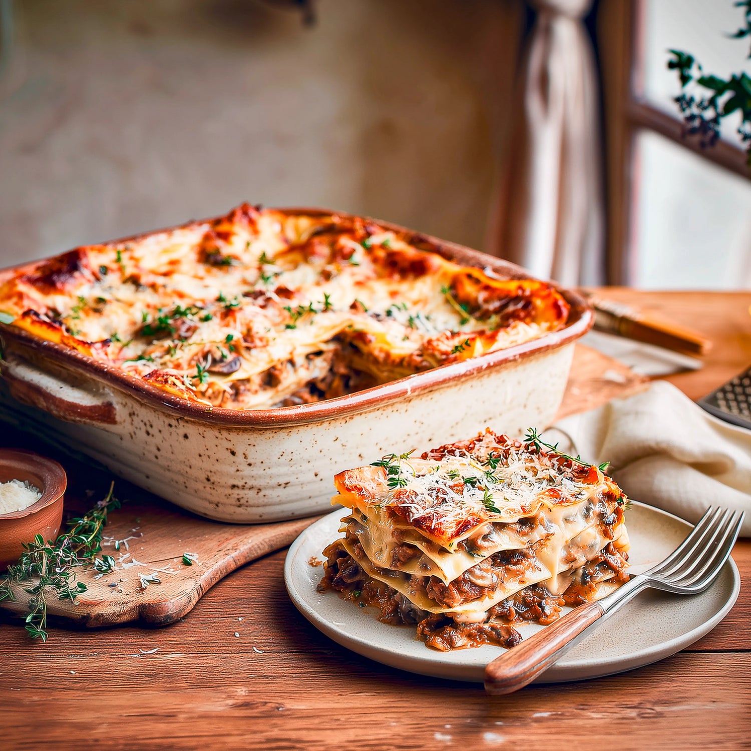 Aufgeschnittene Lasagne auf Teller vor einer Auflaufform, mit Käse überbacken und Kräutern garniert.
