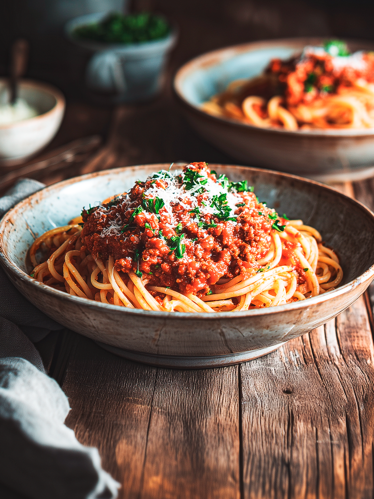 Schale mit Spaghetti und Bolognese, mit Käse und Petersilie garniert, auf rustikalem Holztisch serviert.