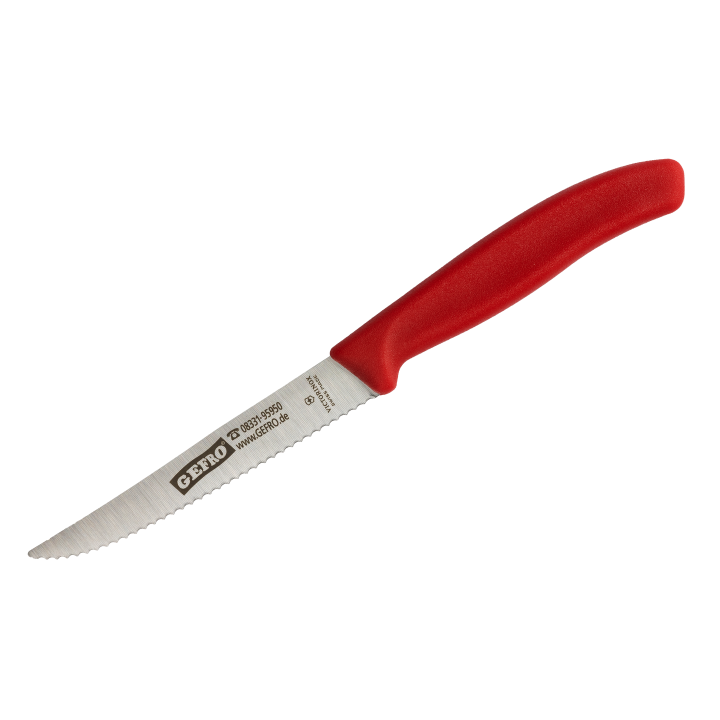 Kleines Küchenmesser mit gezahnter Edelstahlklinge und rotem Kunststoffgriff, geeignet zum Schneiden von Obst und Gemüse