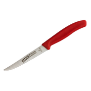 Kleines Küchenmesser mit gezahnter Edelstahlklinge und rotem Kunststoffgriff, geeignet zum Schneiden von Obst und Gemüse