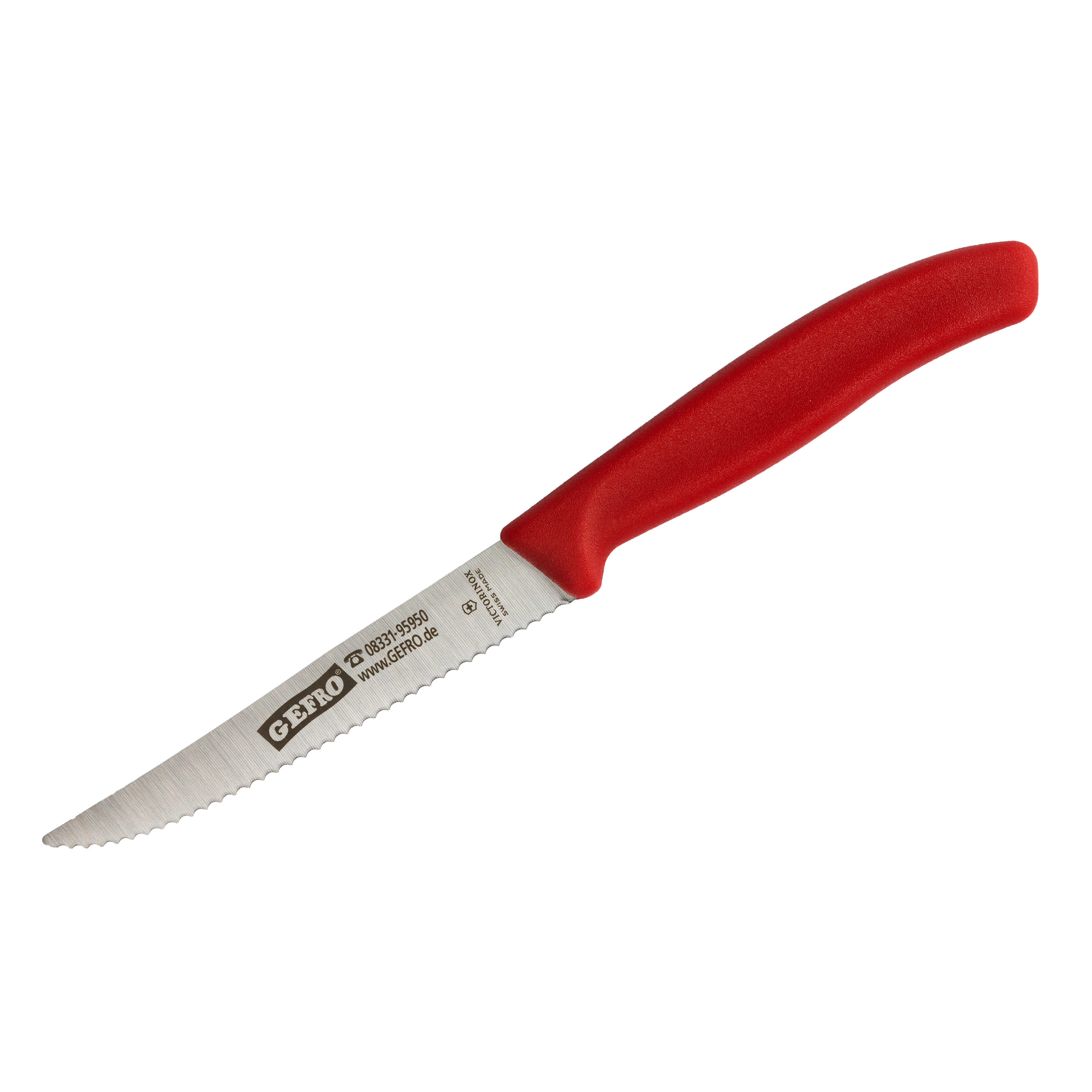 Kleines Küchenmesser mit gezahnter Edelstahlklinge und rotem Kunststoffgriff, geeignet zum Schneiden von Obst und Gemüse