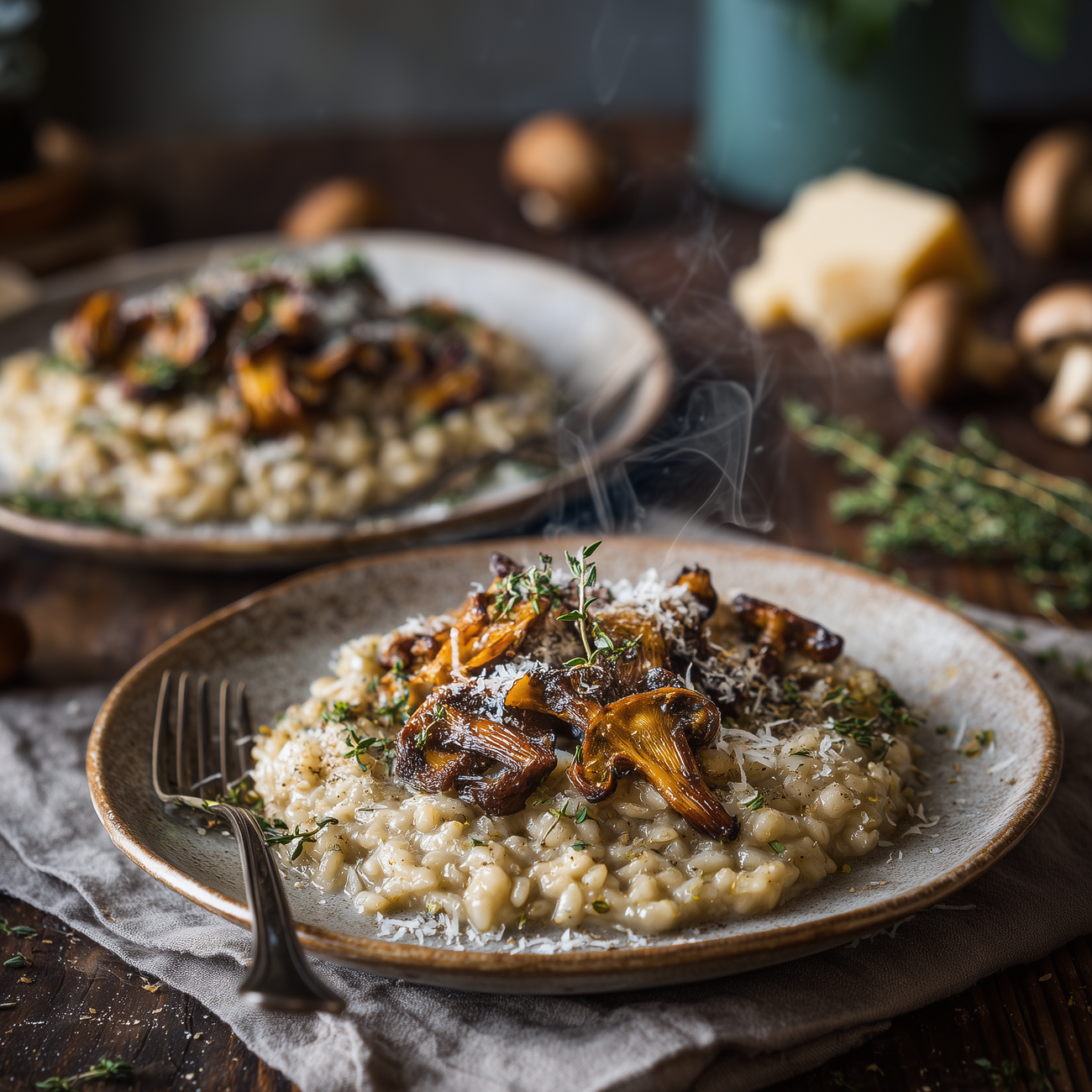 Cremiges Pilzrisotto auf Teller, mit geriebenem Käse und Kräutern serviert, dampfend auf rustikalem Holztisch