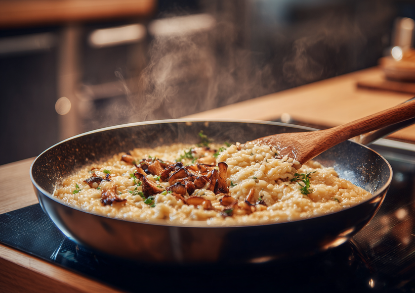 Eine Pfanne mit cremigem Risotto und Pilzen steht auf einem eingeschalteten Kochfeld. Das Risotto wird mit einem Holzlöffel umgerührt, während Dampf aufsteigt.