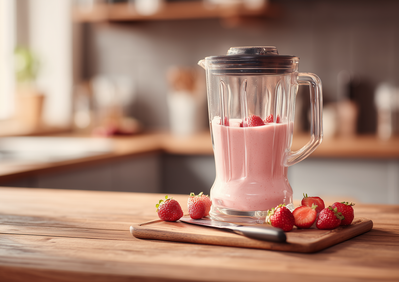 Ein Standmixer mit rosa Erdbeer-Smoothie steht auf einer Holzarbeitsfläche. Daneben liegen frische Erdbeeren auf einem kleinen Schneidebrett.