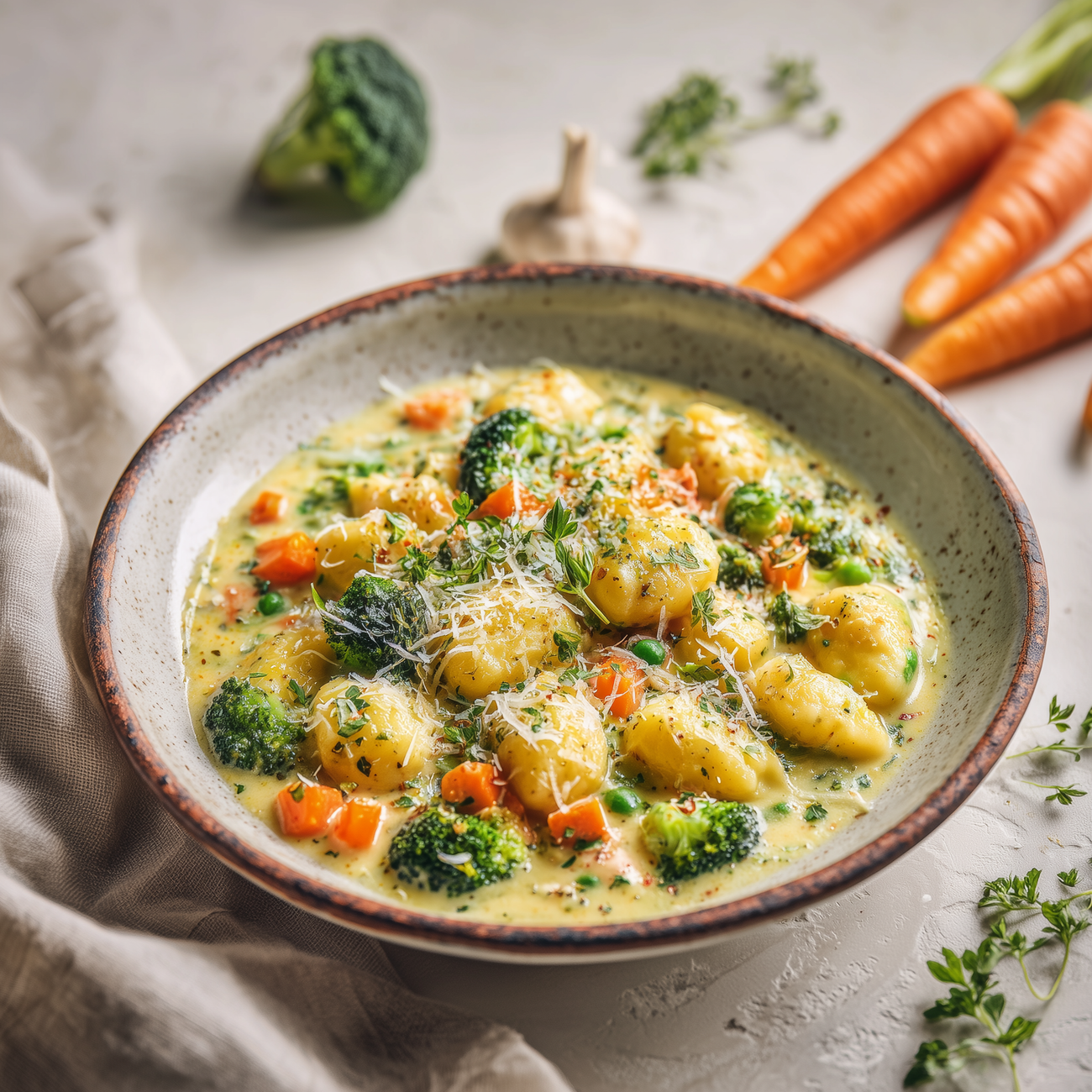 Schüssel mit Gnocchi in cremiger Gemüsesoße mit Brokkoli, Karotten und Käse, dekoriert mit frischen Kräutern