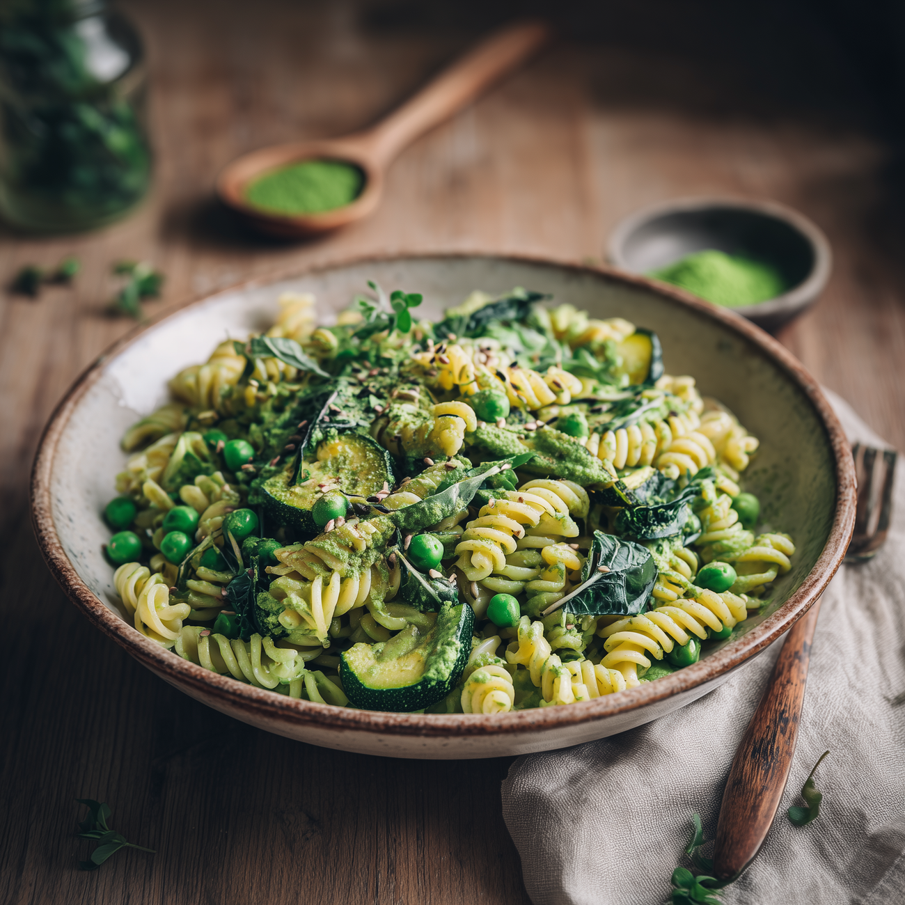Schüssel mit Fusilli in grüner Sauce, dazu Zucchini, Erbsen und Blattgemüse auf einem Holztisch angerichtet