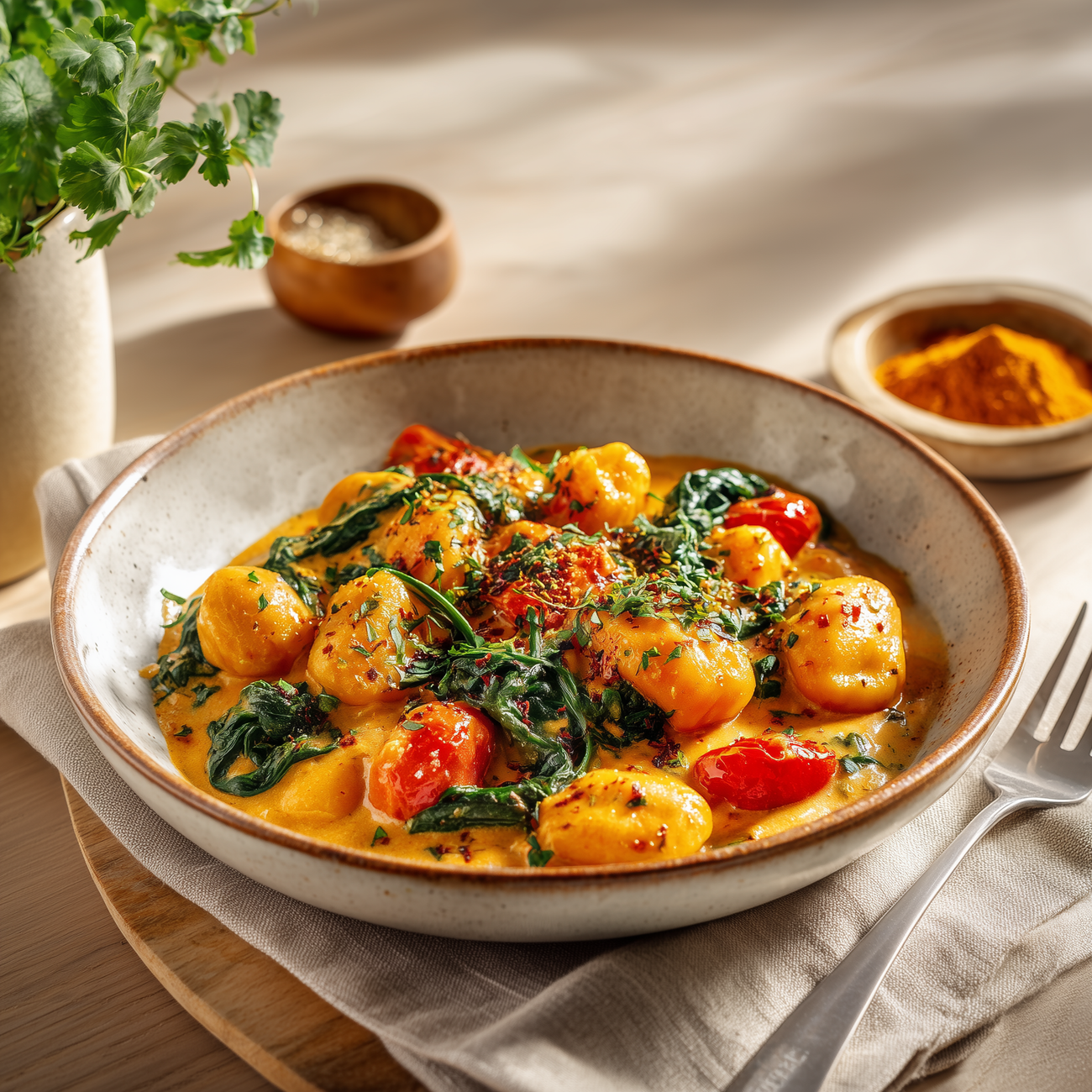 Schale mit Gnocchi in cremiger Sauce, Spinat und Tomaten, serviert auf hellem Tisch mit Gabel und Kräutern