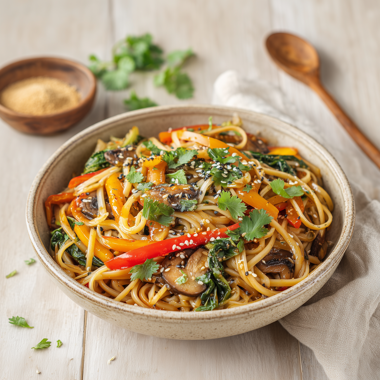 Schüssel mit gebratenen Nudeln, Paprika, Pilzen und Kräutern, mit Sesam bestreut auf hellem Holztisch