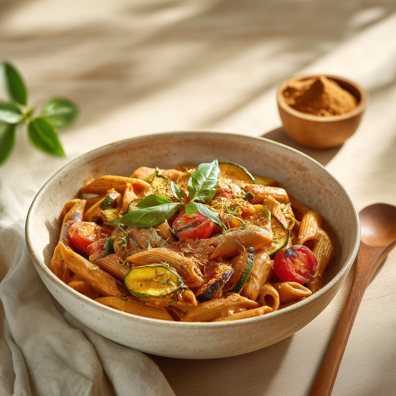 Schale mit Penne in Tomatensoße, Zucchini und Kirschtomaten, garniert mit frischem Basilikum auf hellem Tisch.