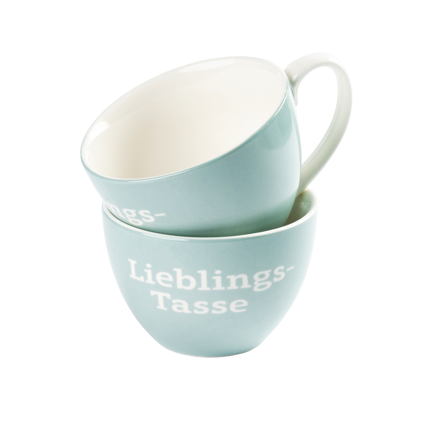 Zwei hellblaue Tassen aus Keramik, ineinandergestellt, mit weißem Schriftzug „Lieblings-Tasse“ und Henkel.