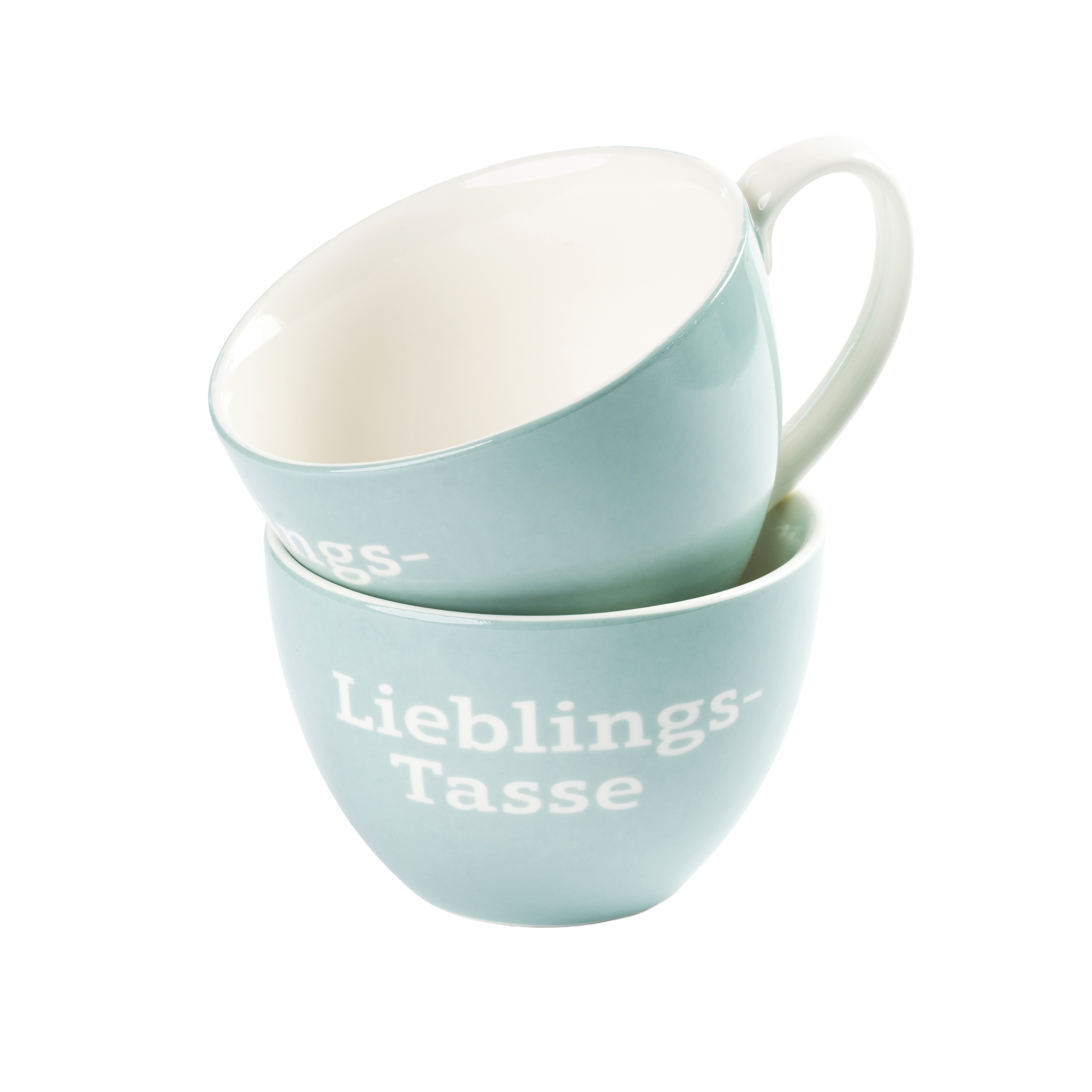 Zwei hellblaue Tassen aus Keramik, ineinandergestellt, mit weißem Schriftzug „Lieblings-Tasse“ und Henkel.