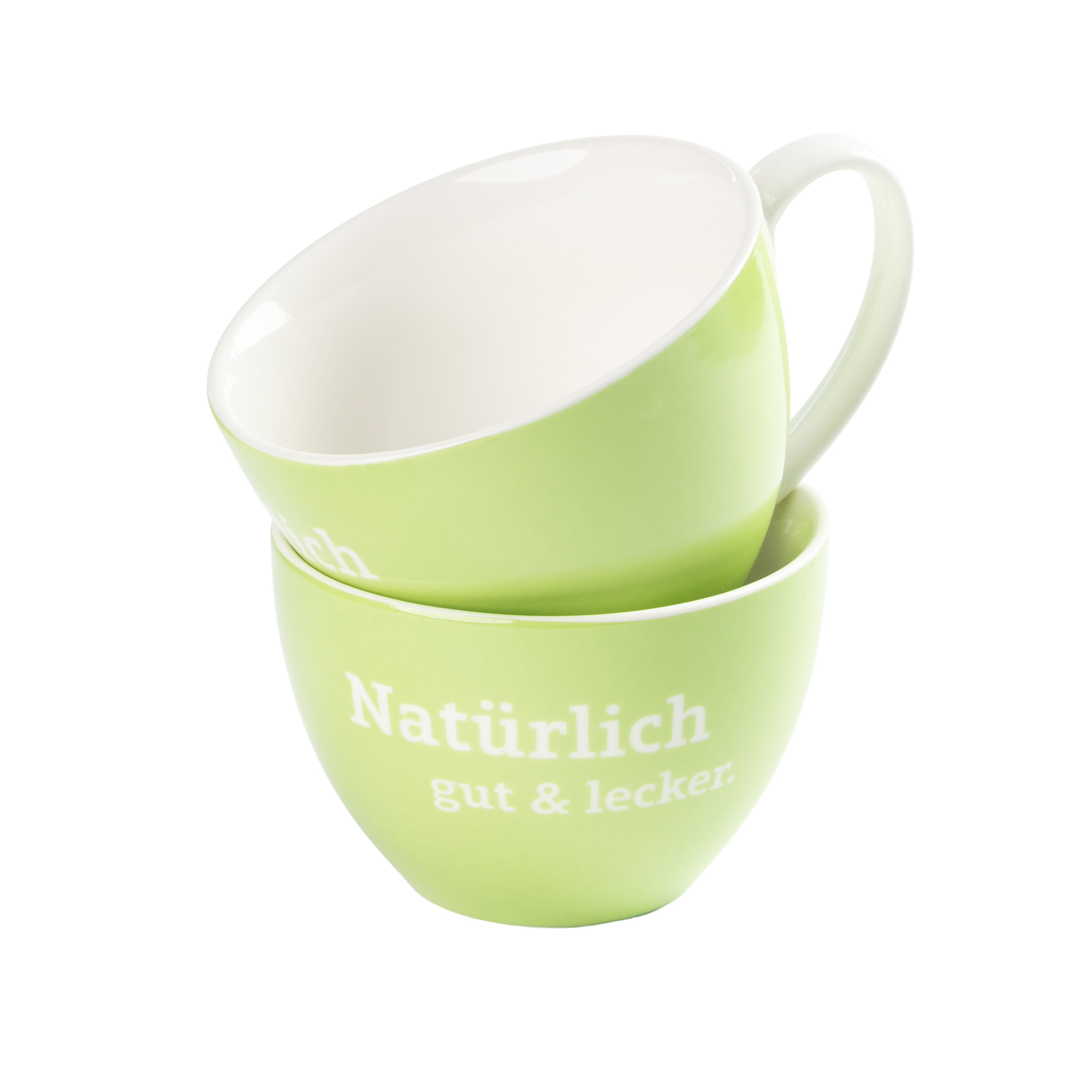 Zwei hellgrüne Tassen, eine schräg in der anderen gestapelt, mit weißem Innenraum und Aufdruck „Natürlich gut & lecker“