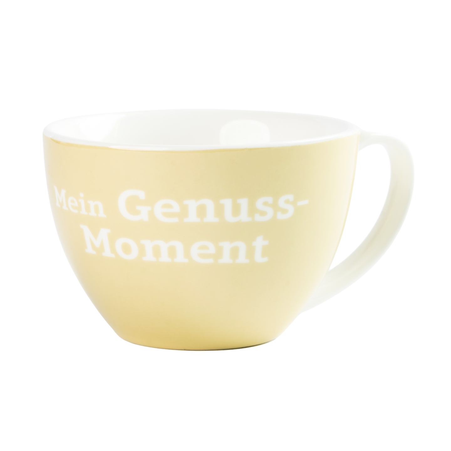 Gelbe Tasse mit Henkel und weißer Innenseite, bedruckt mit dem Schriftzug „Mein Genuss-Moment“