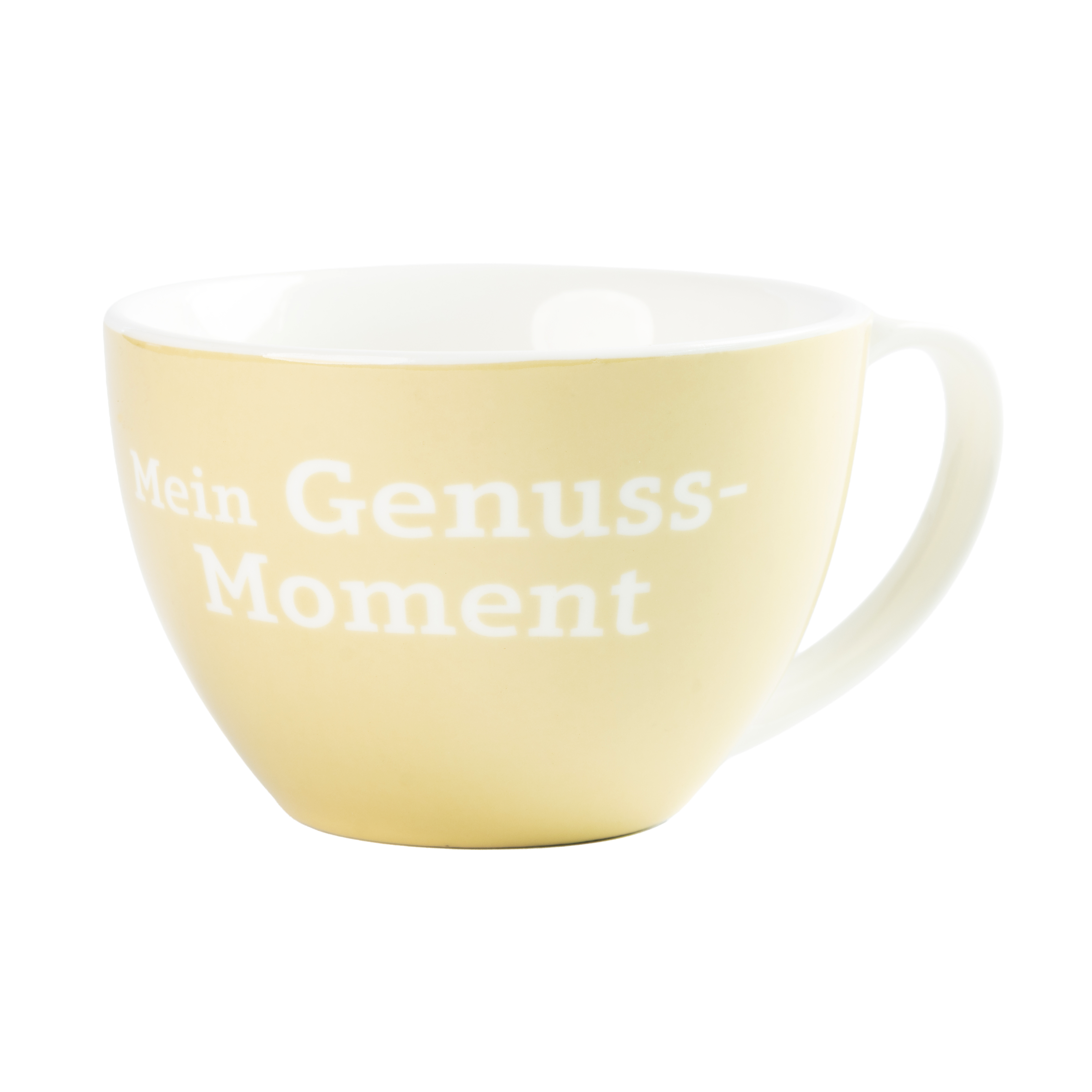 Gelbe Tasse mit Henkel und weißer Innenseite, bedruckt mit dem Schriftzug „Mein Genuss-Moment“