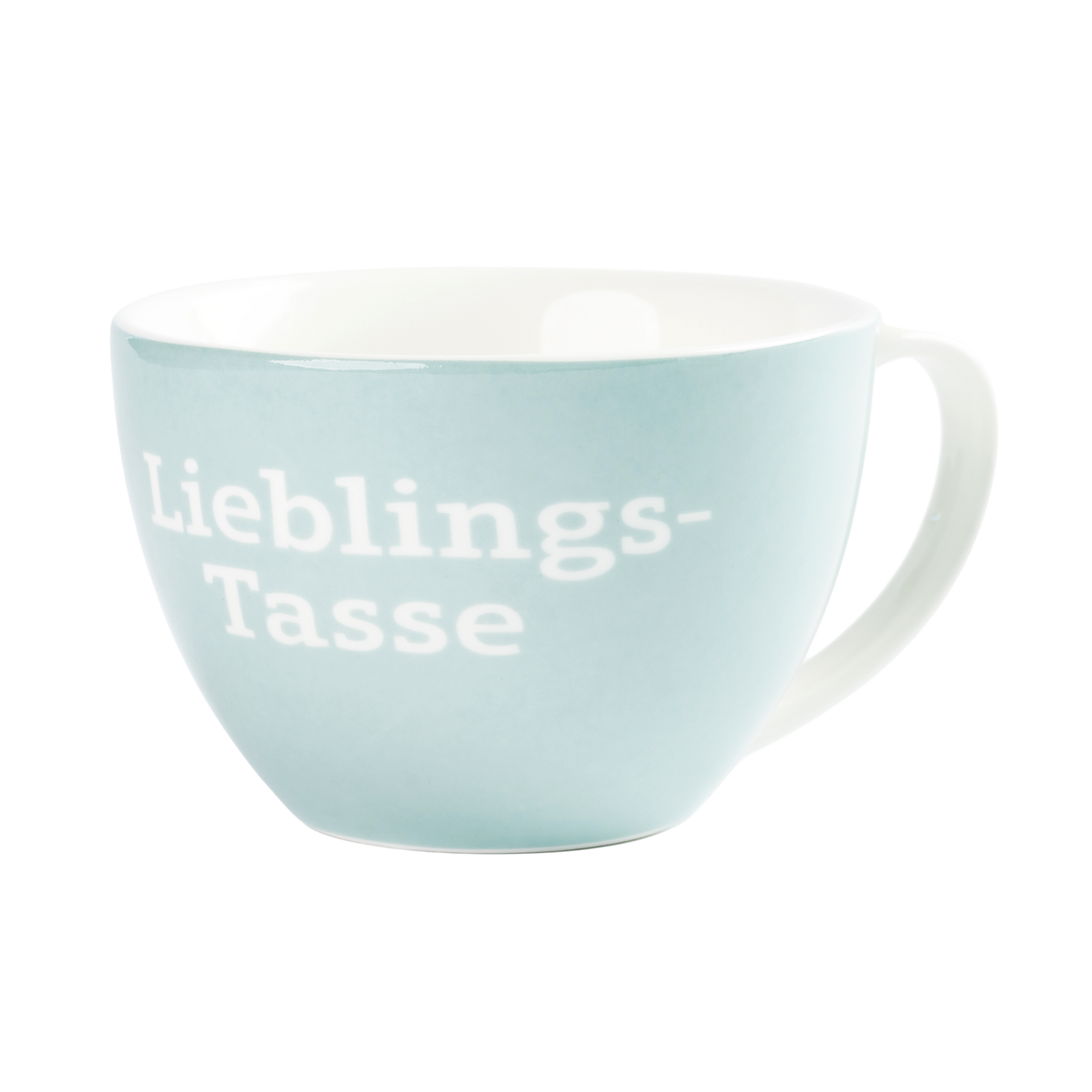 Hellblaue Tasse mit weißem Henkel und Aufdruck „Lieblings-Tasse“, geeignet für Kaffee, Tee oder Kakao.
