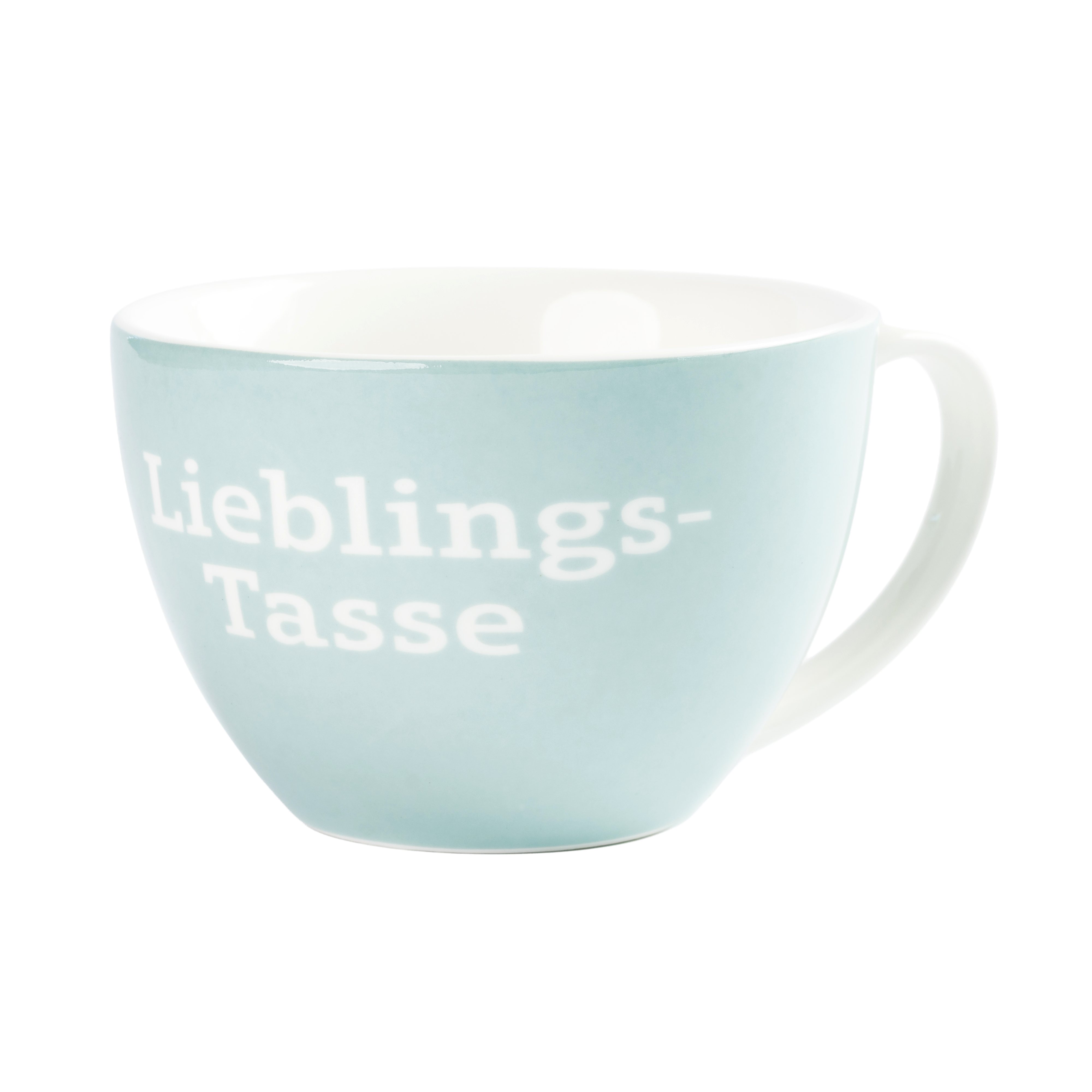 Hellblaue Tasse mit weißem Henkel und Aufdruck „Lieblings-Tasse“, geeignet für Kaffee, Tee oder Kakao.