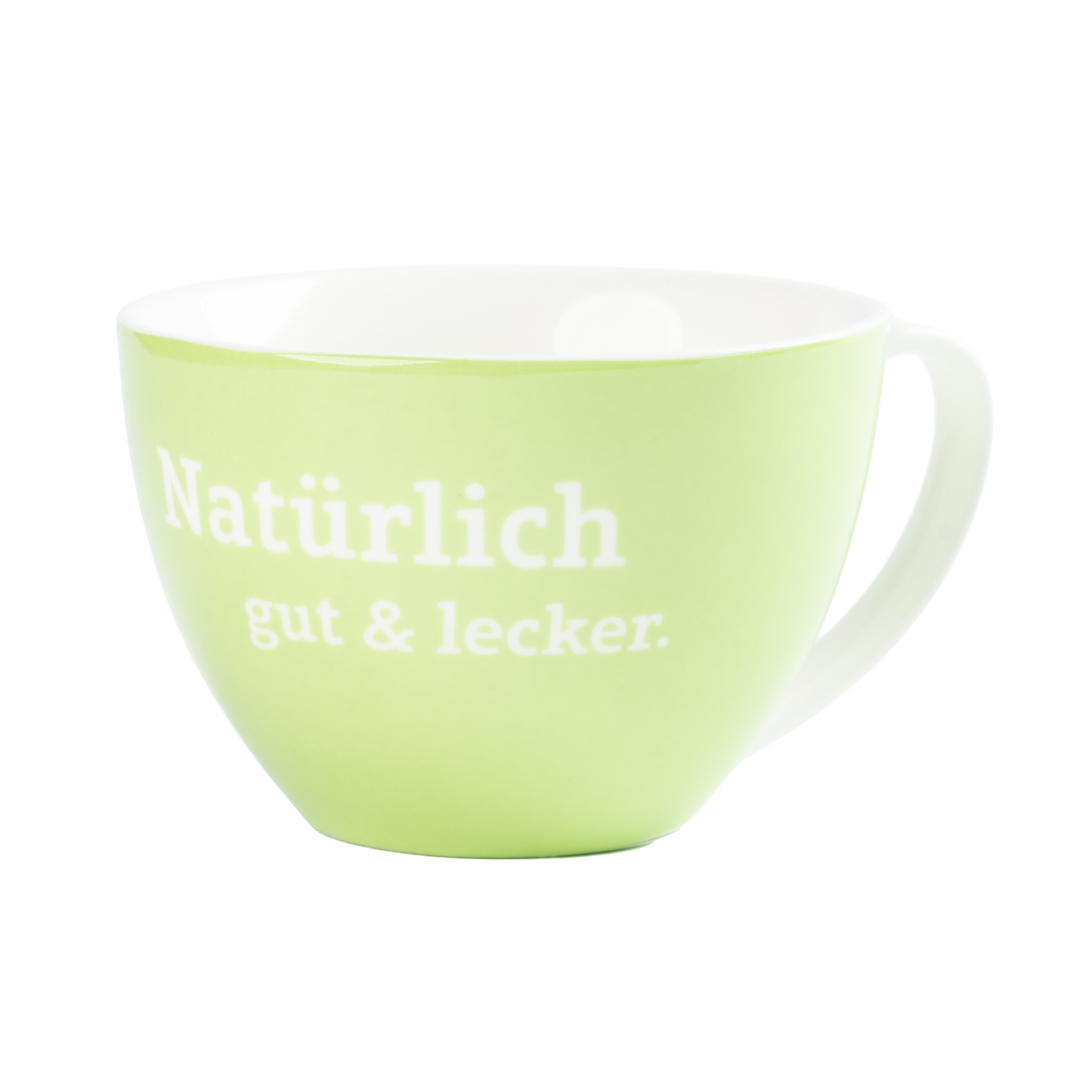 Hellgrüne Tasse mit weißem Innenraum und Henkel, bedruckt mit dem Schriftzug „Natürlich gut & lecker.“