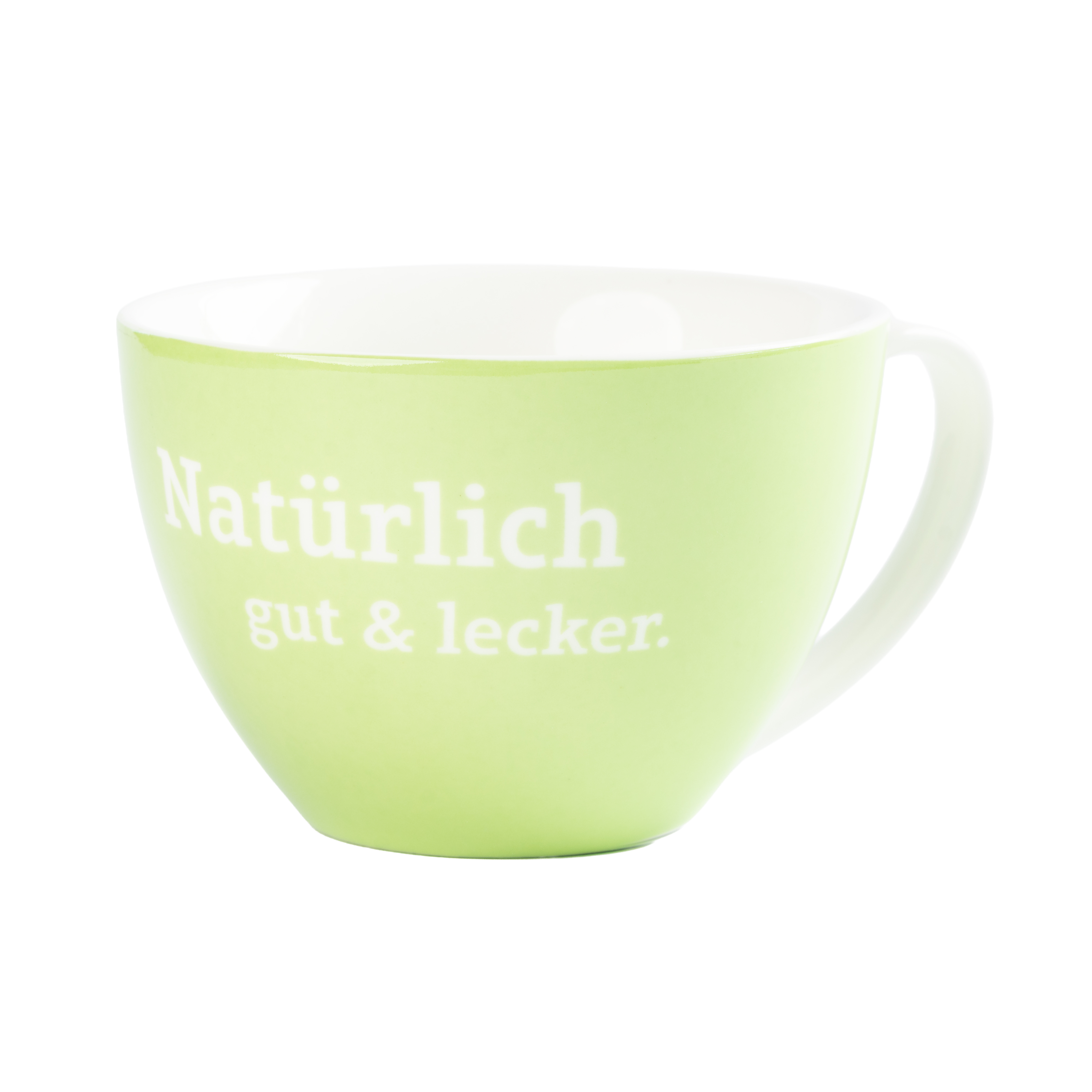 Hellgrüne Tasse mit weißem Innenraum und Henkel, bedruckt mit dem Schriftzug „Natürlich gut & lecker.“