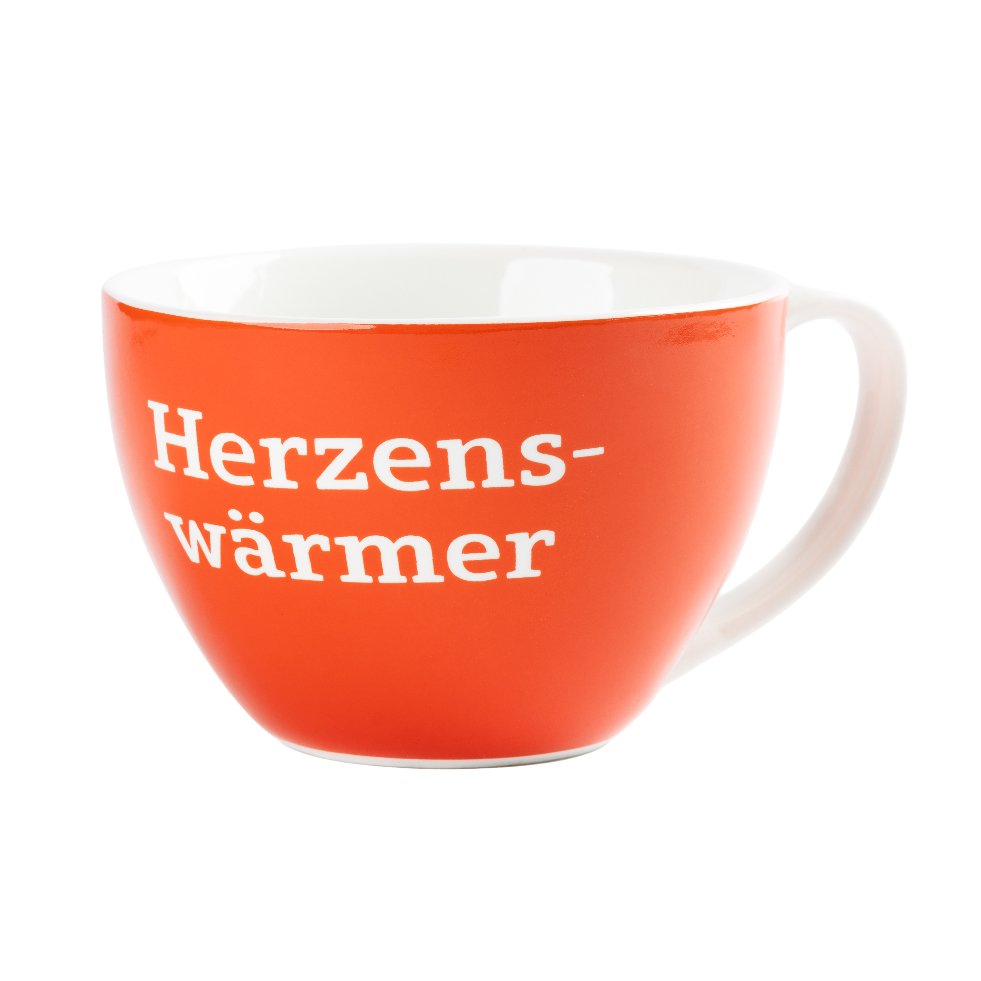 Rote Tasse mit weißem Innenraum und Henkel, bedruckt mit dem Schriftzug „Herzenswärmer“ für Heißgetränke