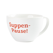 Weiße Suppentasse mit Henkel und rotem Aufdruck „Suppen-Pause!“, ideal für Suppe oder heiße Getränke