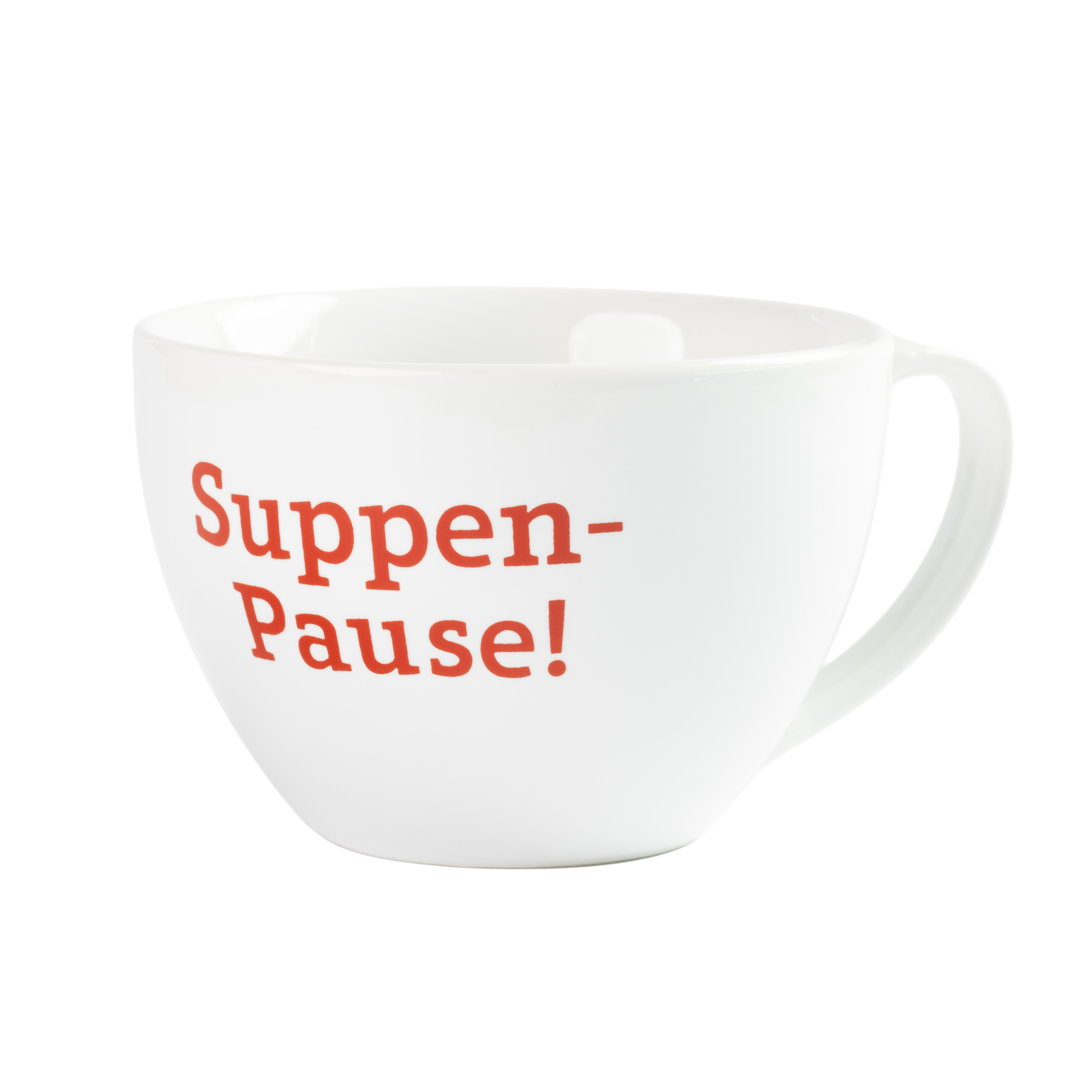 Weiße Suppentasse mit Henkel und rotem Aufdruck „Suppen-Pause!“, ideal für Suppe oder heiße Getränke