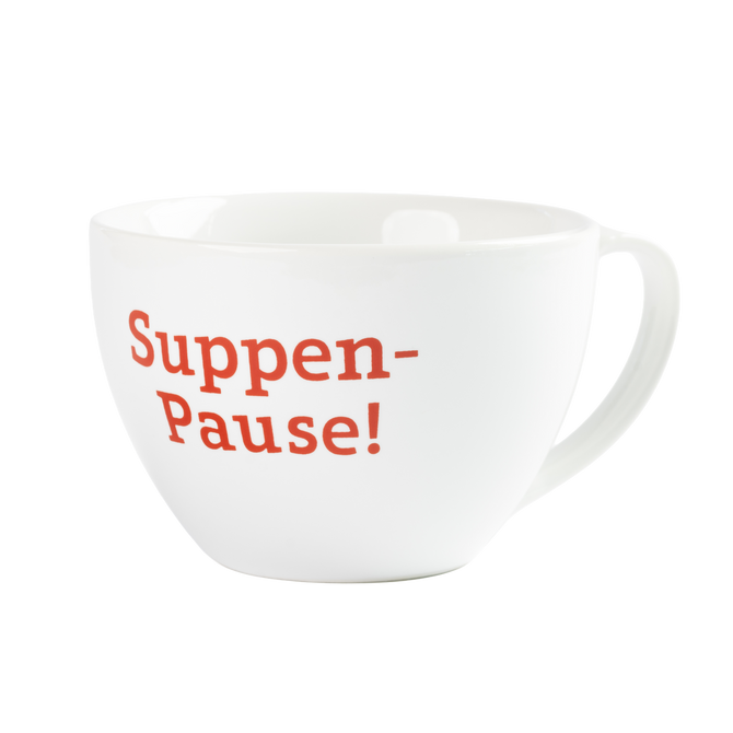 Weiße Suppentasse mit Henkel und rotem Aufdruck „Suppen-Pause!“, ideal für Suppe oder heiße Getränke