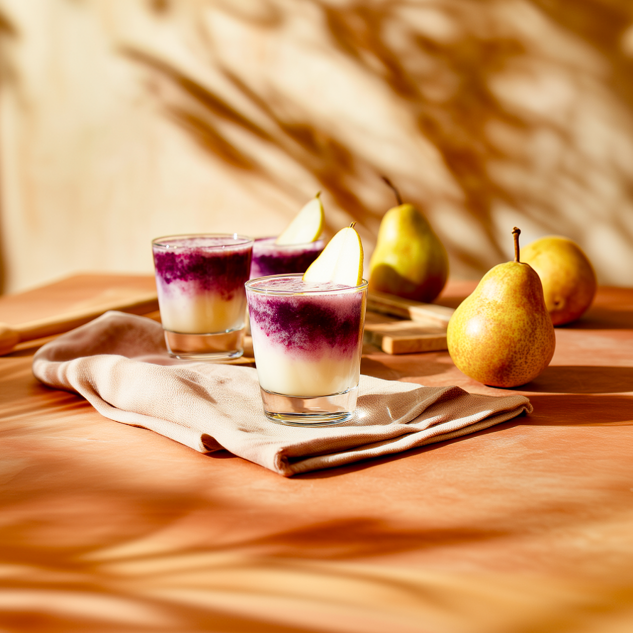 Zwei Gläser mit weiß-violettem Dessert und Birnenspalten auf einem Tuch, daneben frische Birnen auf Holztisch.