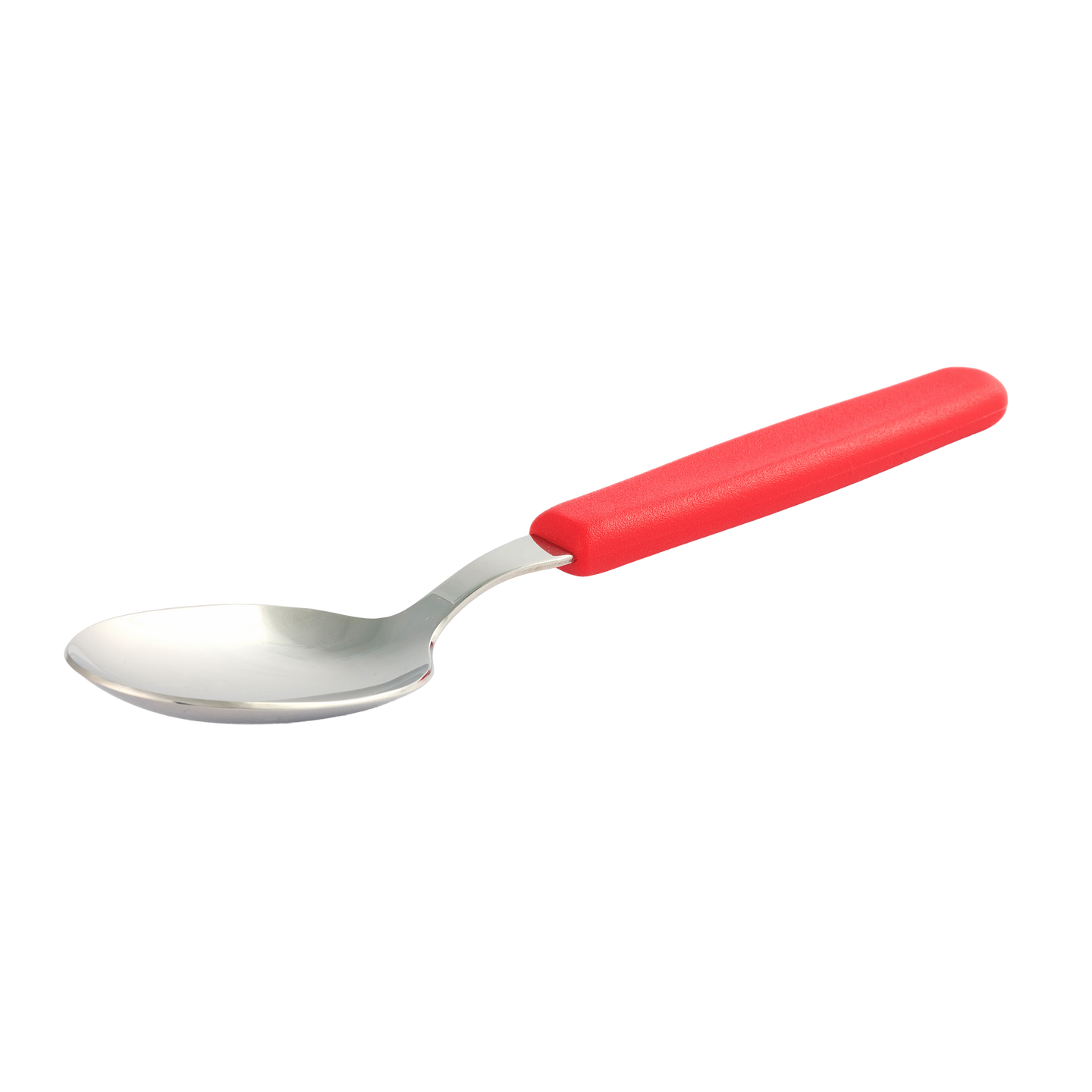 Metalllöffel mit rotem Griff, schräg dargestellt, geeignet zum Essen und Servieren am Tisch oder in der Küche