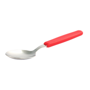 Metalllöffel mit rotem Griff, schräg dargestellt, geeignet zum Essen und Servieren am Tisch oder in der Küche