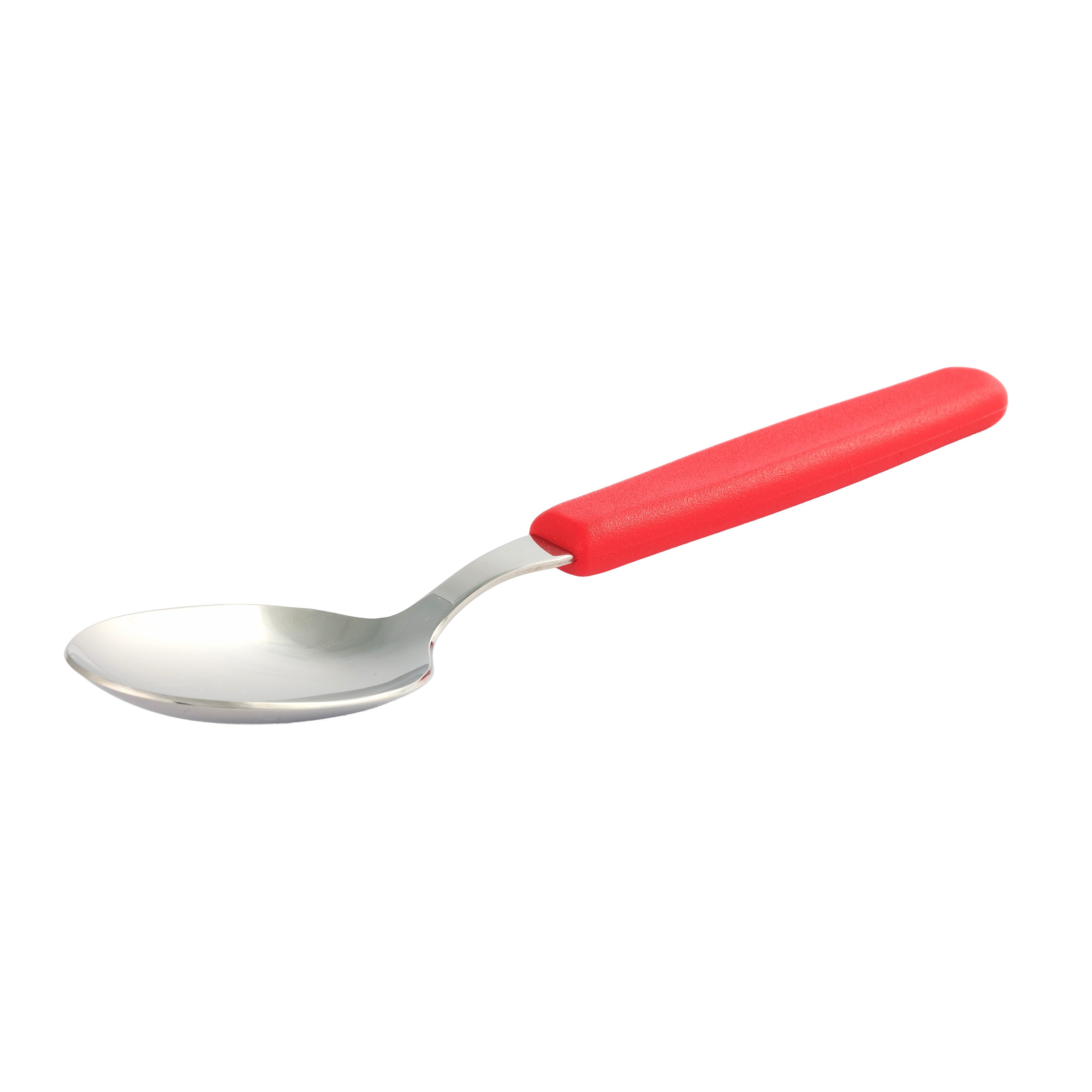 Metalllöffel mit rotem Griff, schräg dargestellt, geeignet zum Essen und Servieren am Tisch oder in der Küche