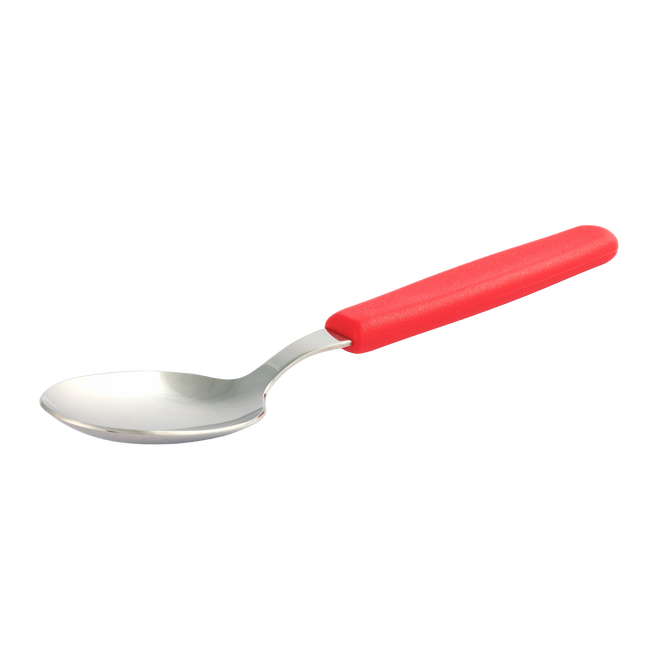 Metalllöffel mit rotem Griff, schräg dargestellt, geeignet zum Essen und Servieren am Tisch oder in der Küche