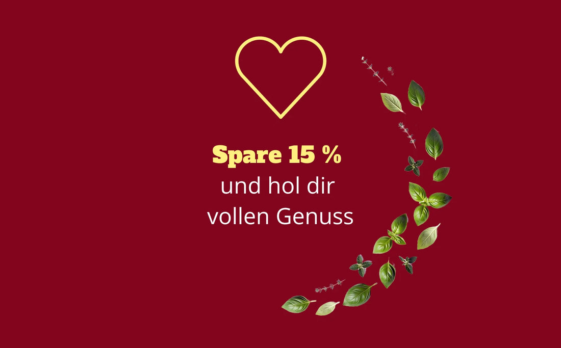 „Grafik mit Herzsymbol und dem Hinweis auf 15 % Rabatt, ergänzt durch dekorative Kräuterillustrationen.“