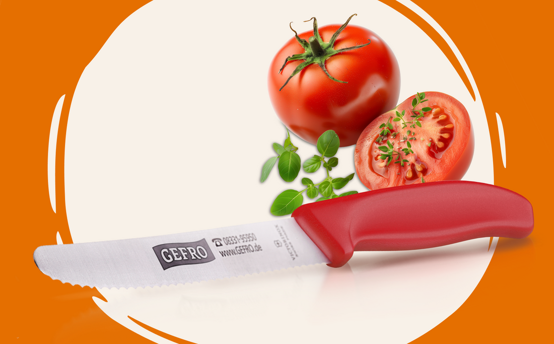 Tomatenmesser mit rotem Griff auf Holzbrett, umgeben von frischen ganzen und halbierten Tomaten.