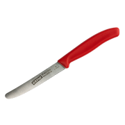 Küchenmesser mit rotem Griff und gezahnter Edelstahlklinge, geeignet zum Schneiden von Brot, Gemüse und Obst