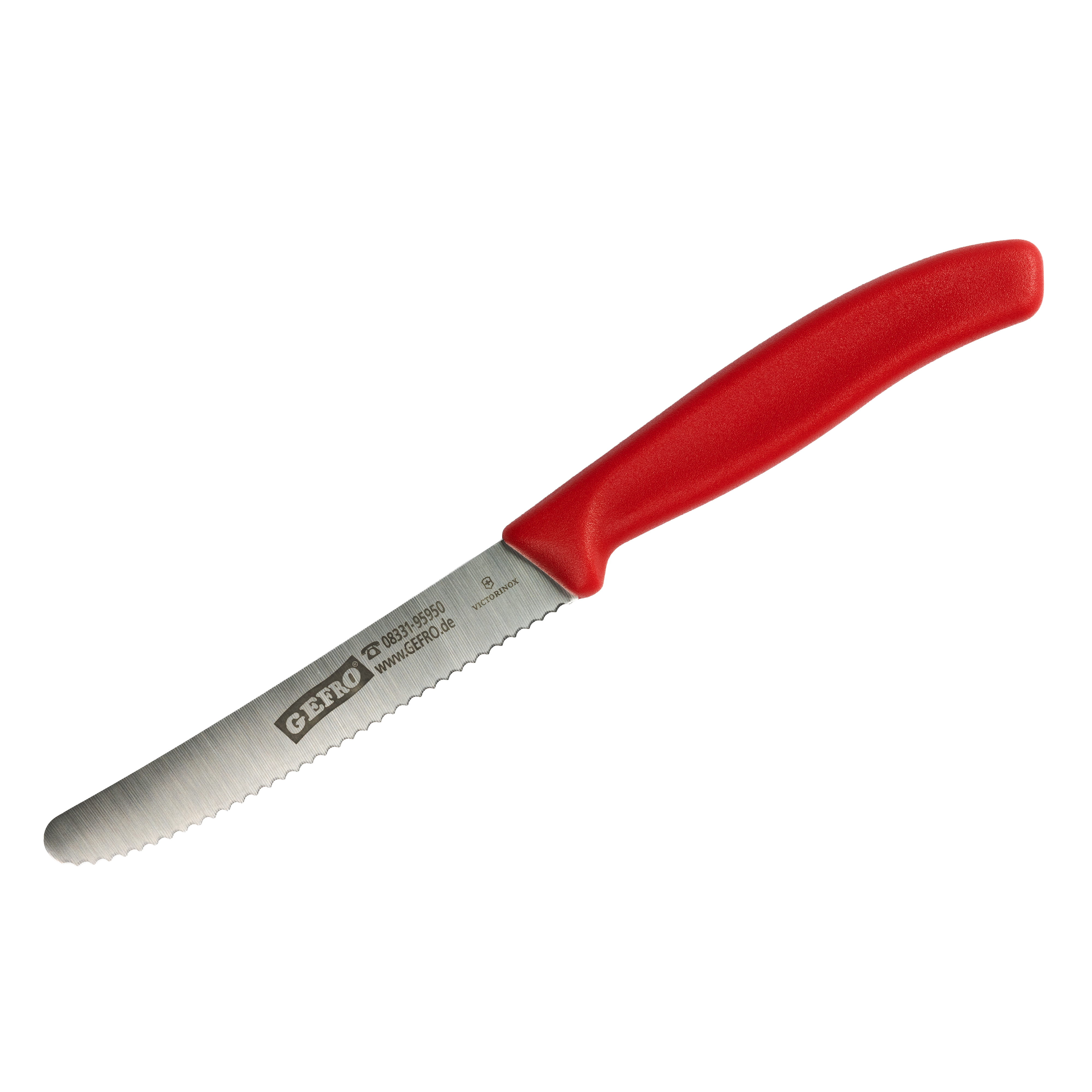 Küchenmesser mit rotem Griff und gezahnter Edelstahlklinge, geeignet zum Schneiden von Brot, Gemüse und Obst
