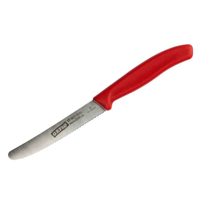 Küchenmesser mit rotem Griff und gezahnter Edelstahlklinge, geeignet zum Schneiden von Brot, Gemüse und Obst
