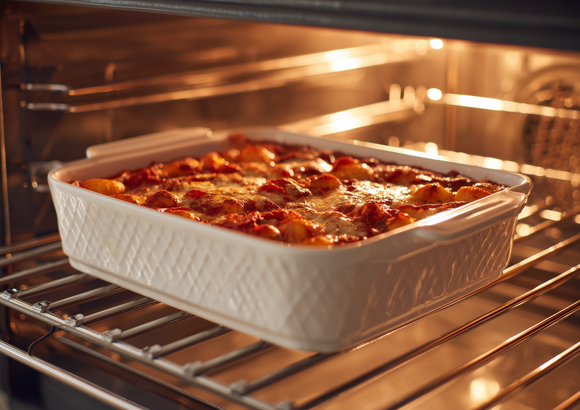 Auflauf mit Tomatensoße in einer weißen Auflaufform backt im Ofen.