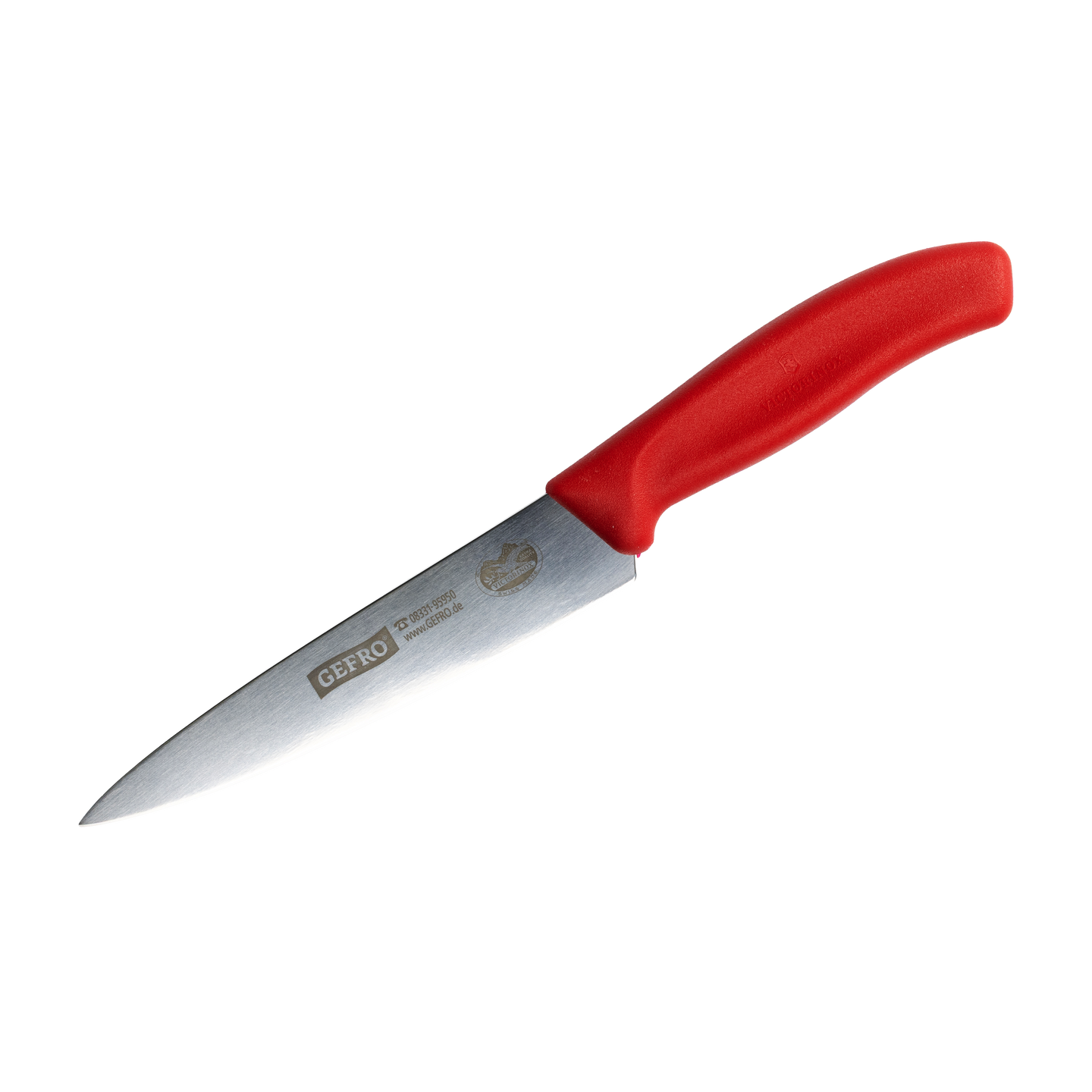 Küchenmesser mit silberner Klinge und rotem Griff, freigestellt dargestellt für den Einsatz beim Schneiden von Lebensmitteln