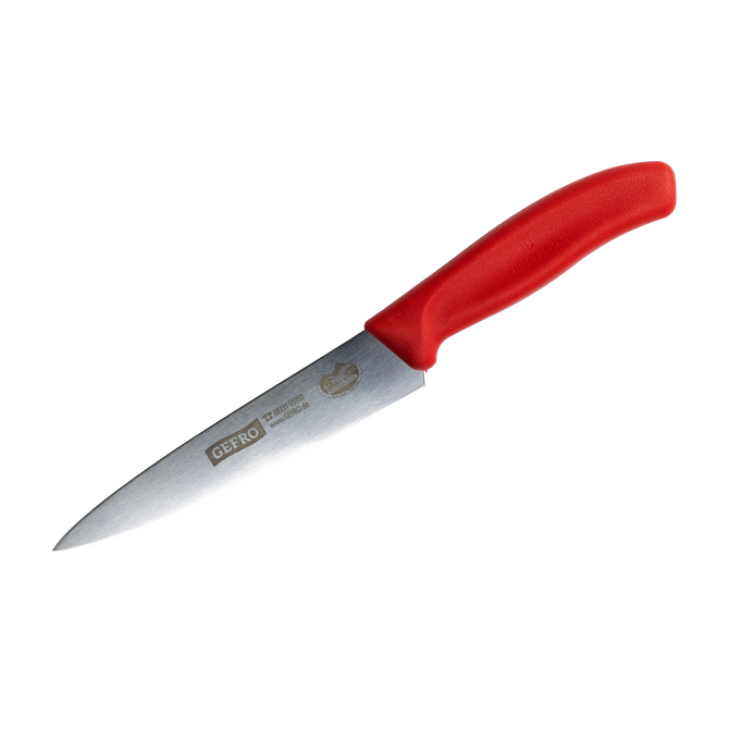Küchenmesser mit silberner Klinge und rotem Griff, freigestellt dargestellt für den Einsatz beim Schneiden von Lebensmitteln