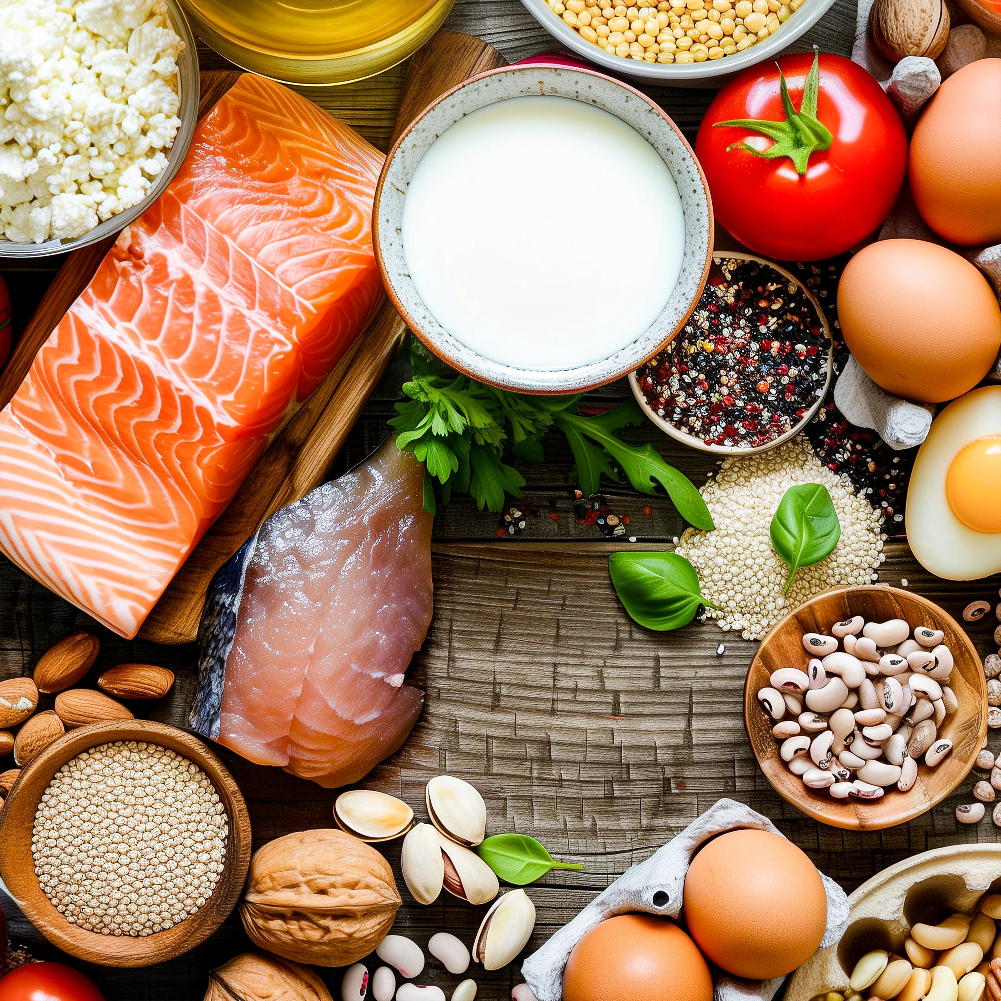 Auswahl an eiweißreichen Lebensmitteln wie Lachs, Eier, Milch, Bohnen, Quinoa, Nüsse und Tomaten auf Holztisch