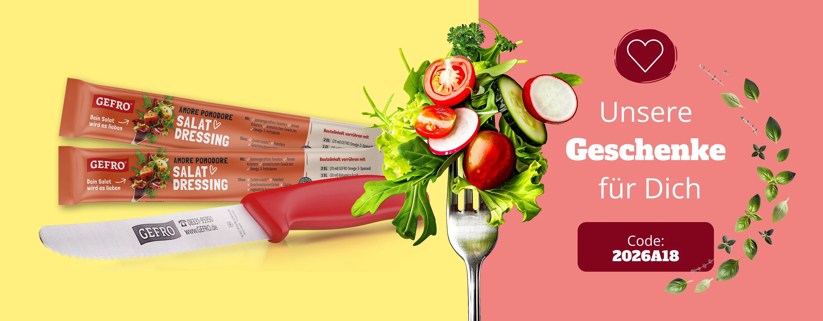 „Werbebanner mit GEFRO Salat-Dressing-Sticks und einem roten Tomatenmesser vor einer Salatgabel mit frischem Gemüse sowie dem Hinweis auf Geschenke und dem Aktionscode 2026A18.“