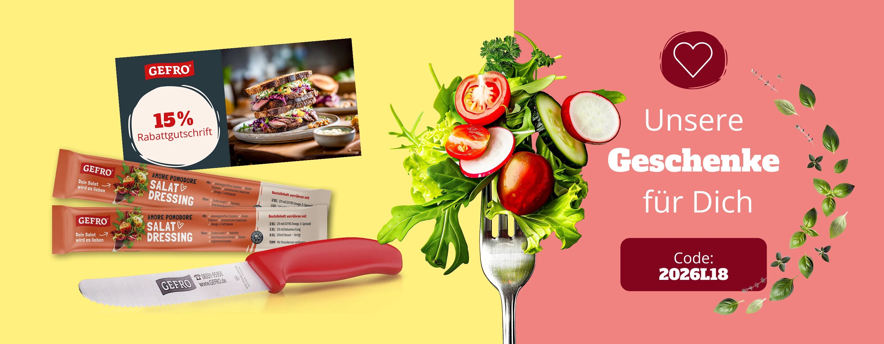 „Werbebanner mit GEFRO Salat-Dressing-Sticks und einem roten Tomatenmesser vor einer Salatgabel mit frischem Gemüse sowie dem Hinweis auf Geschenke, einen 15-%-Rabattgutschein und dem Aktionscode 2026L18.“