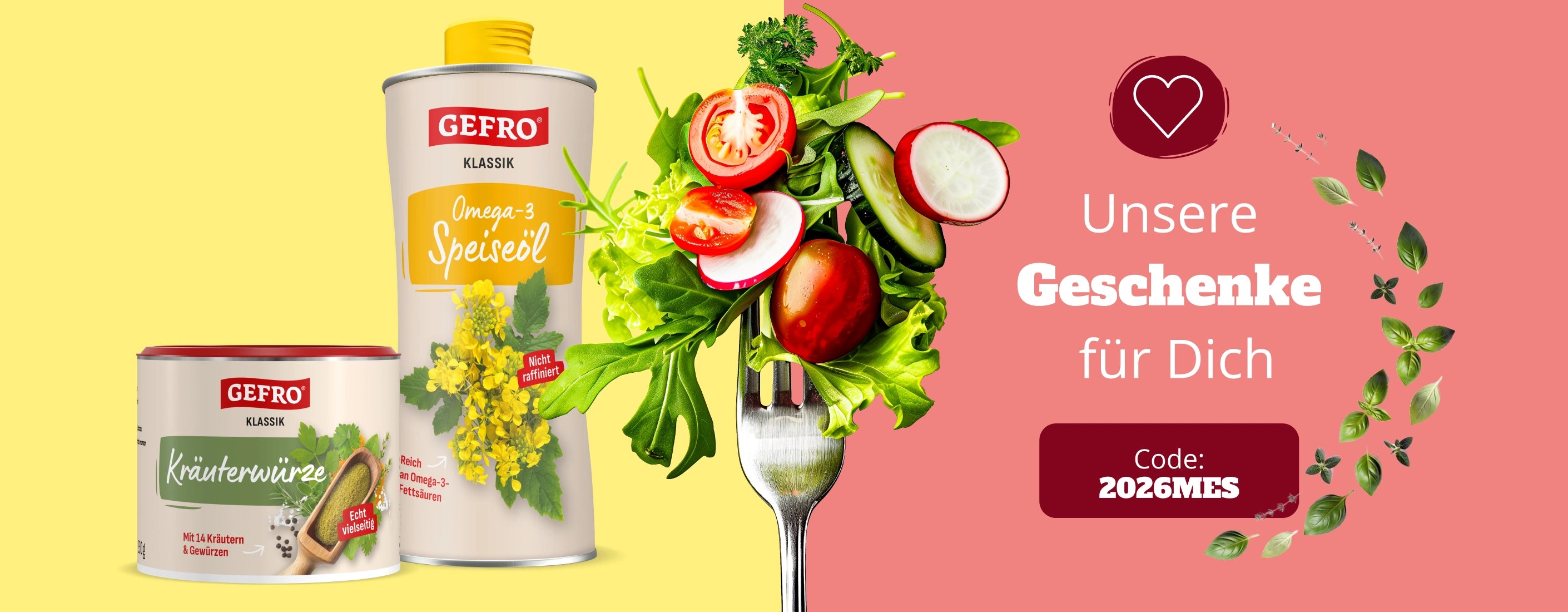 GEFRO Kräuterwürze und Omega-3-Speiseöl neben einer Gabel mit Salat, dazu Geschenkhinweis mit Rabattcode 2026MES