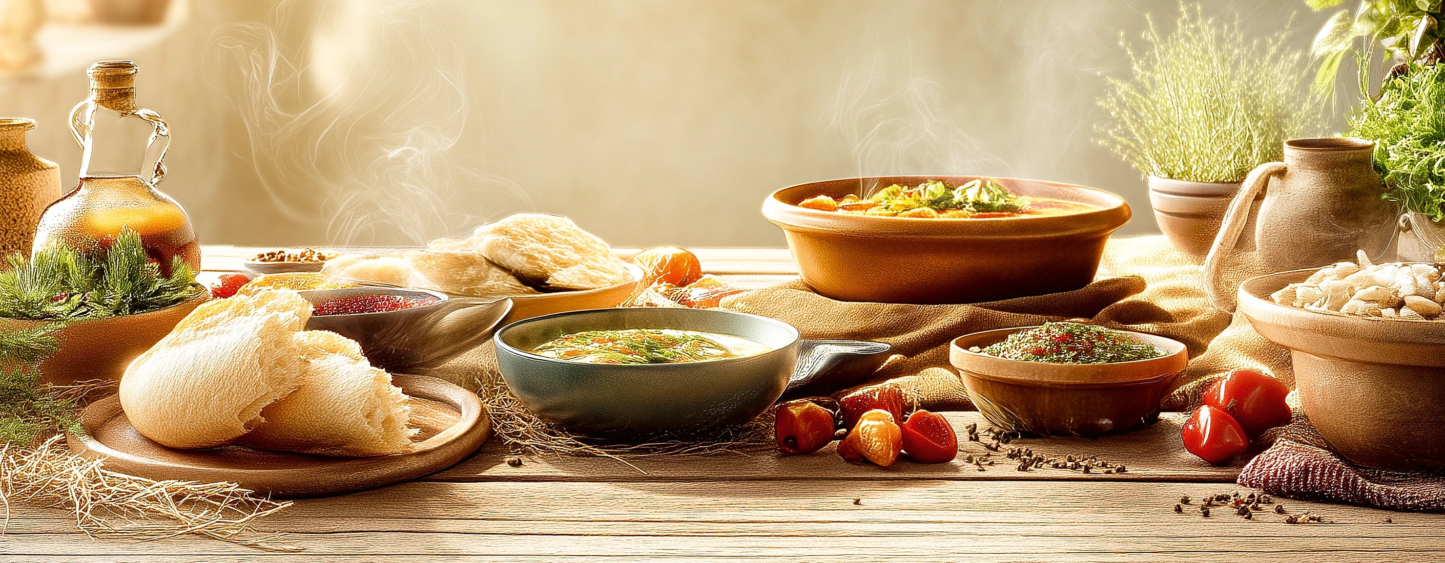 Rustikale Tafel mit Brot, dampfender Suppe, Gewürzen und Tomaten in warmem Licht für ein einladendes Essensmotiv